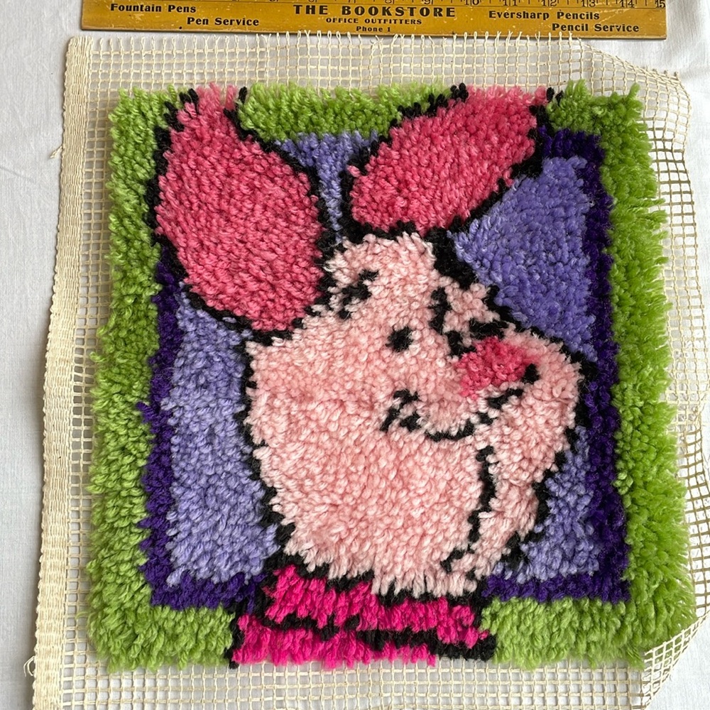 Piglet, unfinished latch hook project, 15.5" x 16"